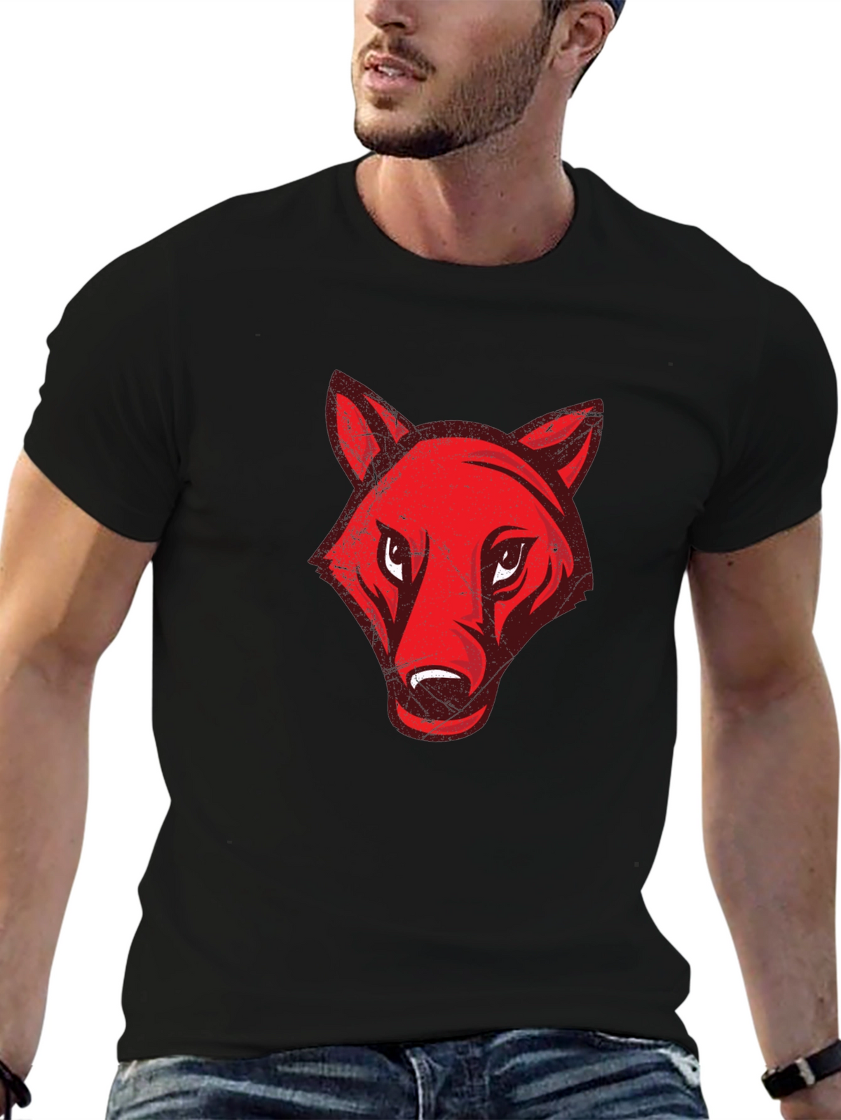 Mens Black T-Shirt with Red Wolf Graphic
