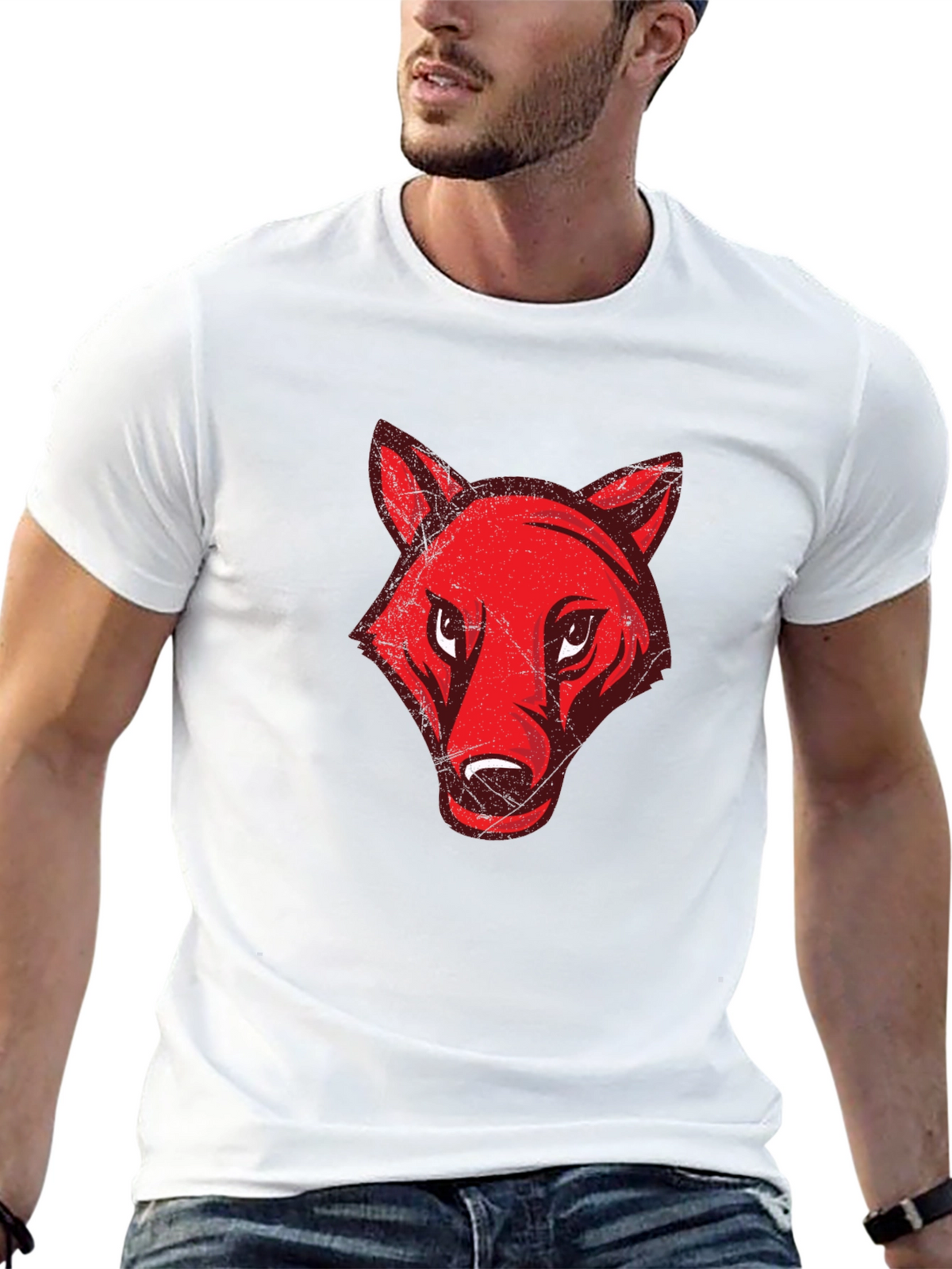 Mens Black T-Shirt with Red Wolf Graphic