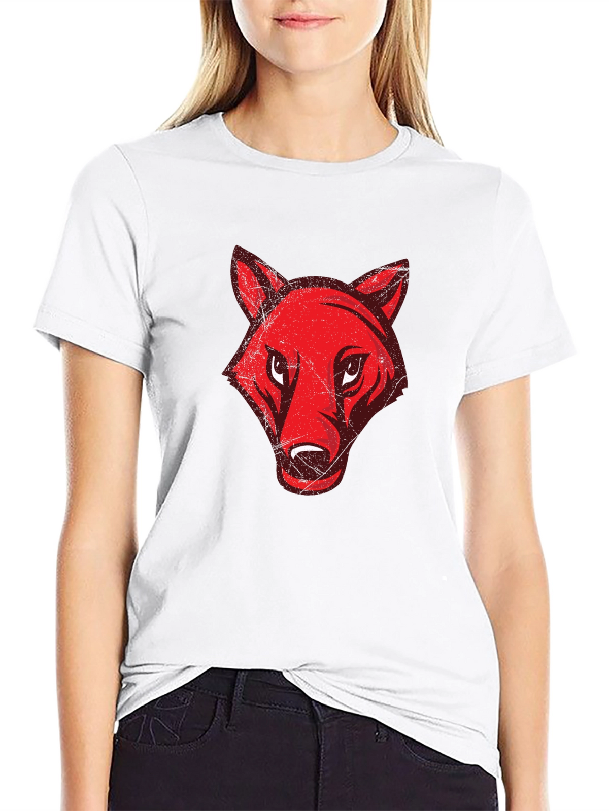 Mens Black T-Shirt with Red Wolf Graphic