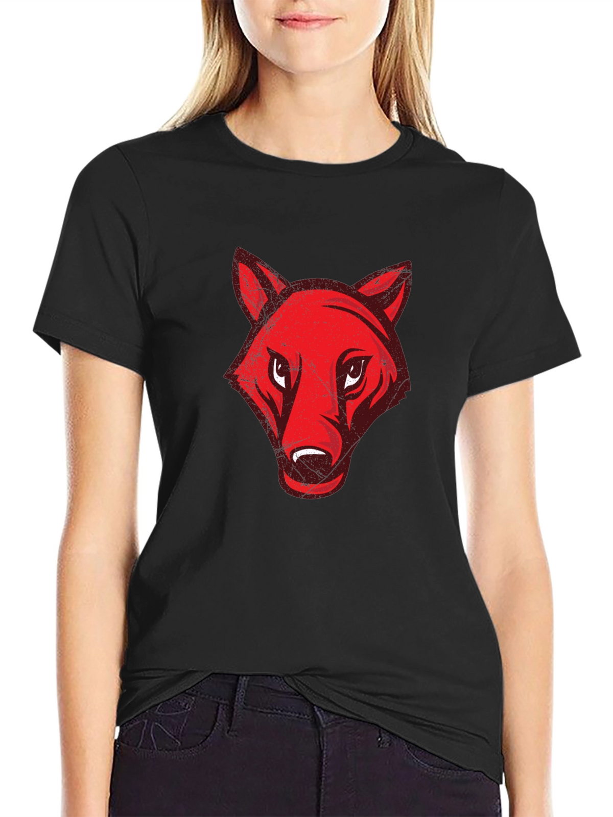Mens Black T-Shirt with Red Wolf Graphic