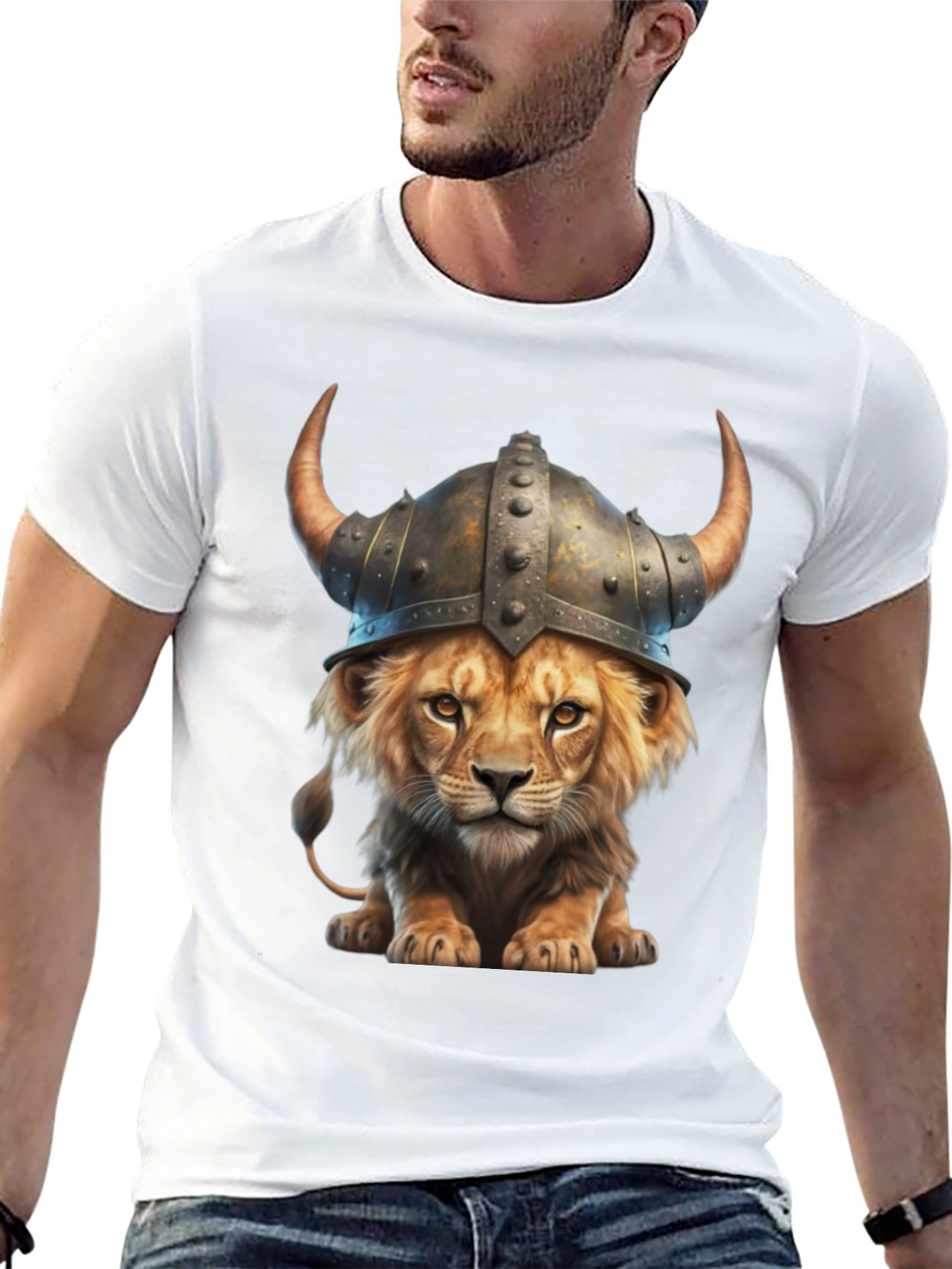 Lion Viking Helmet T-Shirt - Fierce Animal Graphic Tee