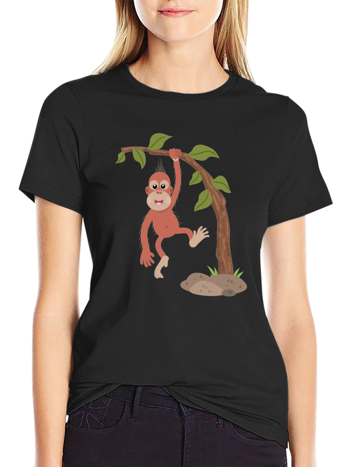 Cartoon Monkey Hanging from Tree Black T-Shirt