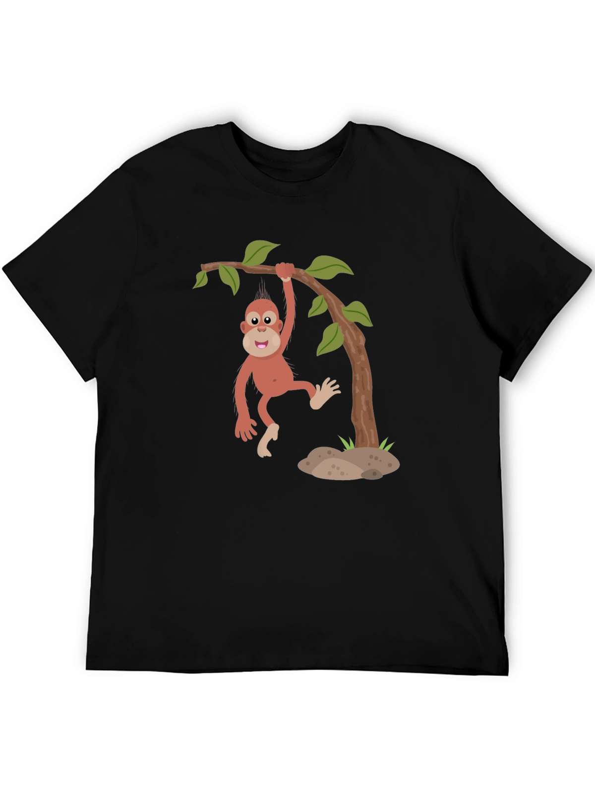 Cartoon Monkey Hanging from Tree Black T-Shirt