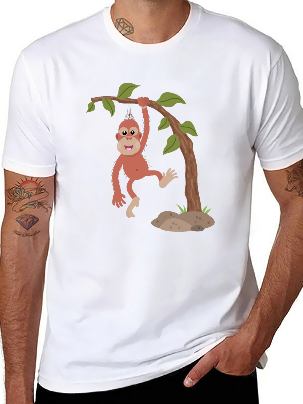Cartoon Monkey Hanging from Tree Black T-Shirt