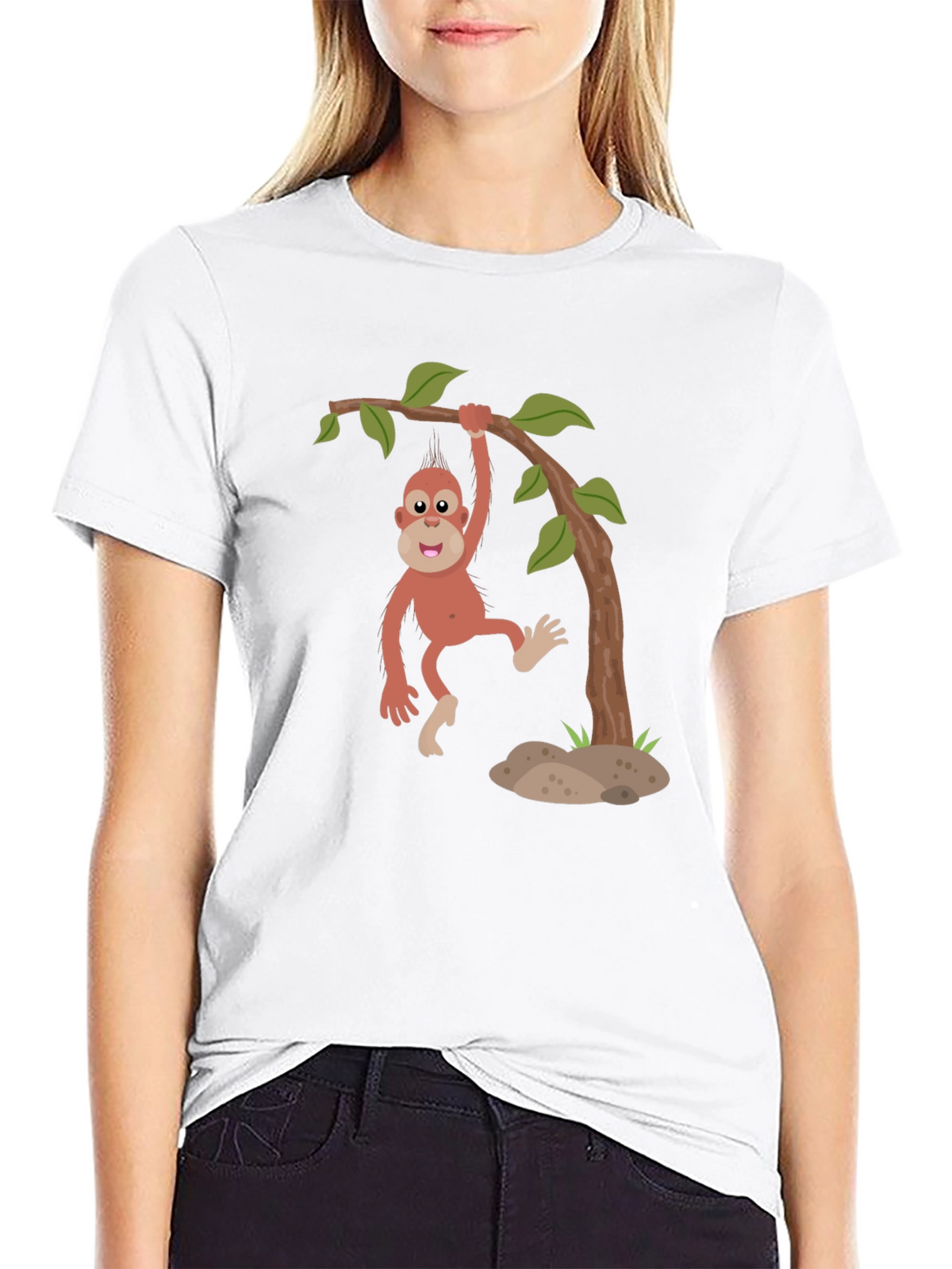 Cartoon Monkey Hanging from Tree Black T-Shirt