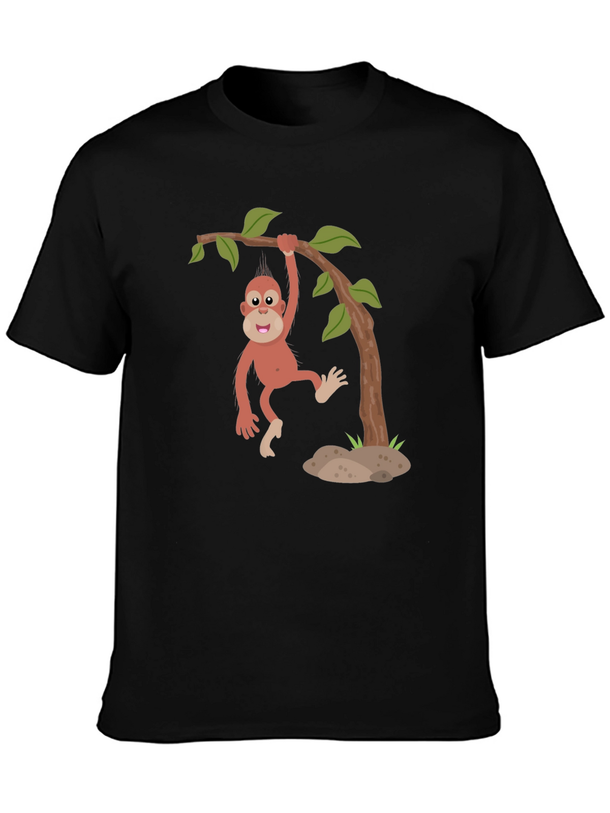 Cartoon Monkey Hanging from Tree Black T-Shirt