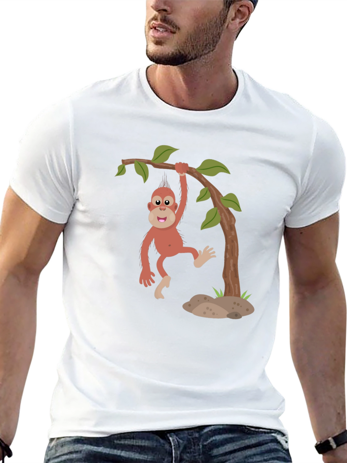 Cartoon Monkey Hanging from Tree Black T-Shirt