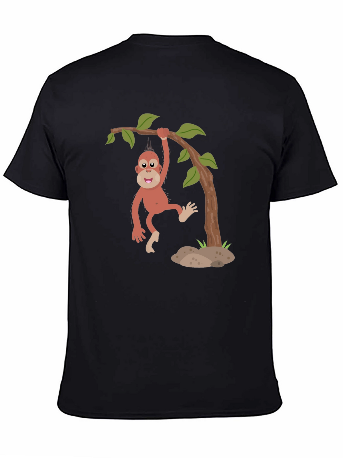 Cartoon Monkey Hanging from Tree Black T-Shirt