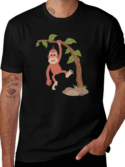 Cartoon Monkey Hanging from Tree Black T-Shirt