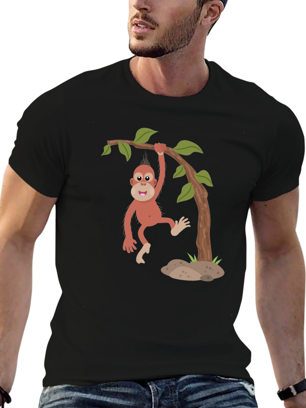 Cartoon Monkey Hanging from Tree Black T-Shirt
