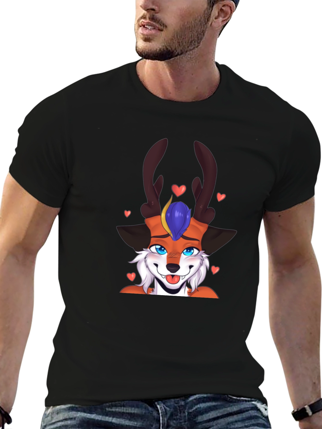 Cartoon Fox Deer T-Shirt Black Cotton Blend Fun Design