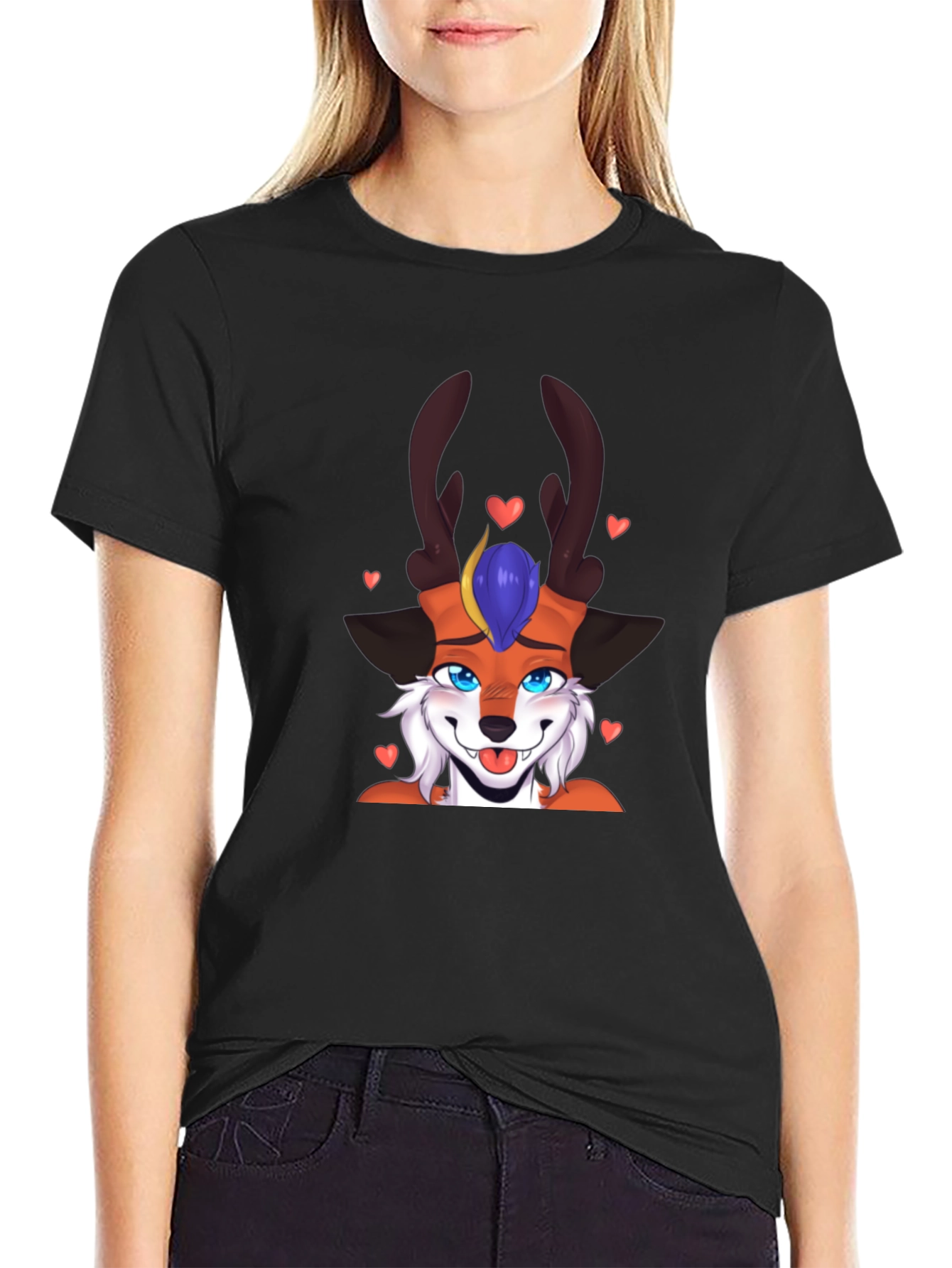 Cartoon Fox Deer T-Shirt Black Cotton Blend Fun Design