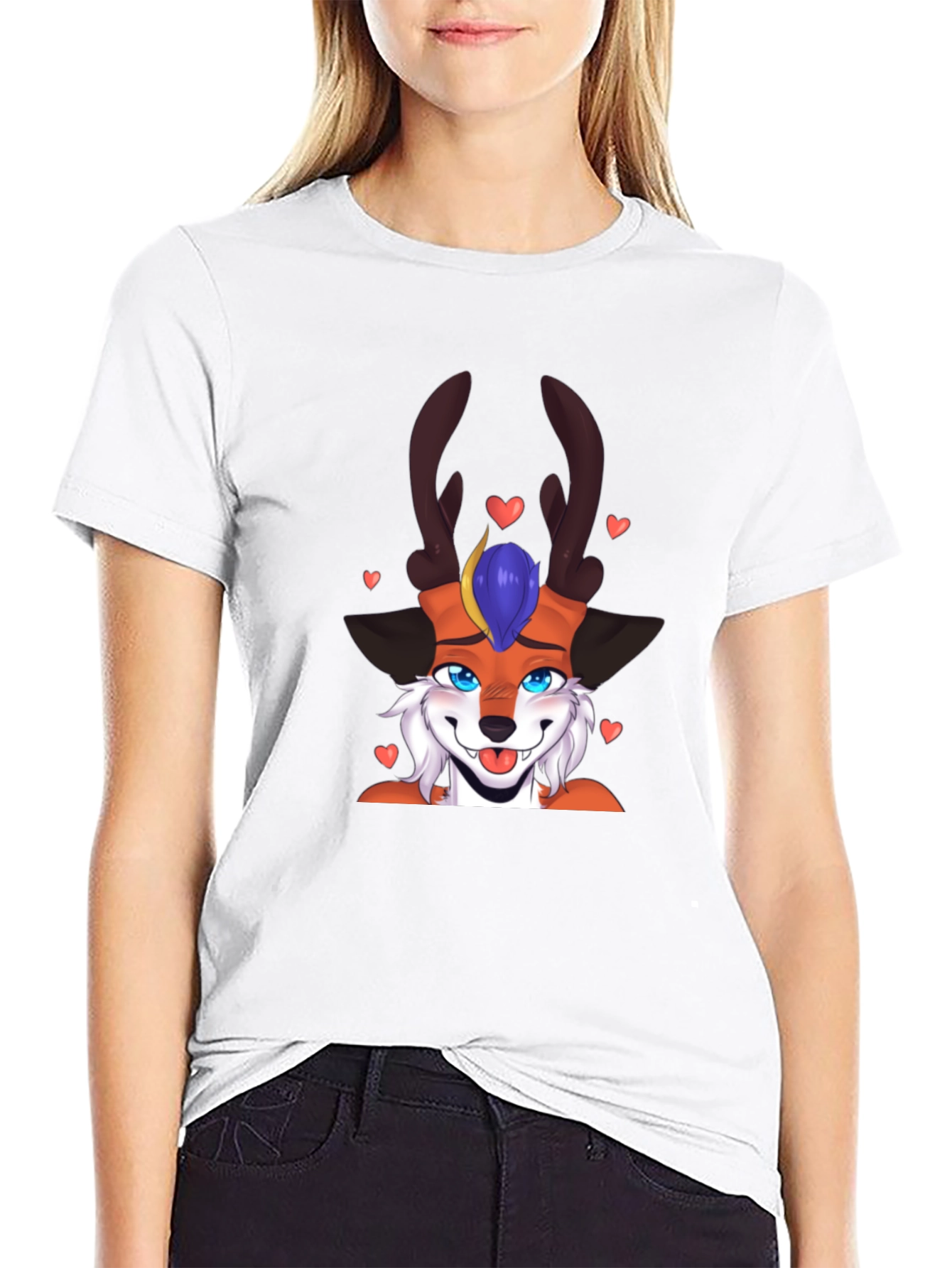 Cartoon Fox Deer T-Shirt Black Cotton Blend Fun Design