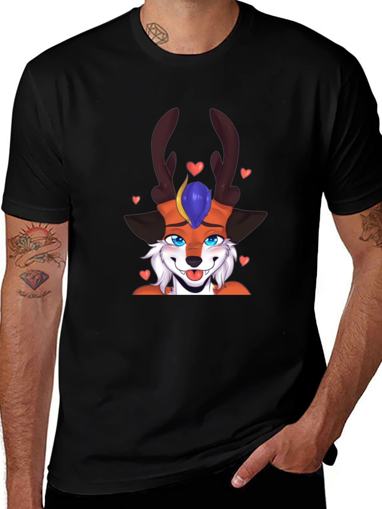 Cartoon Fox Deer T-Shirt Black Cotton Blend Fun Design