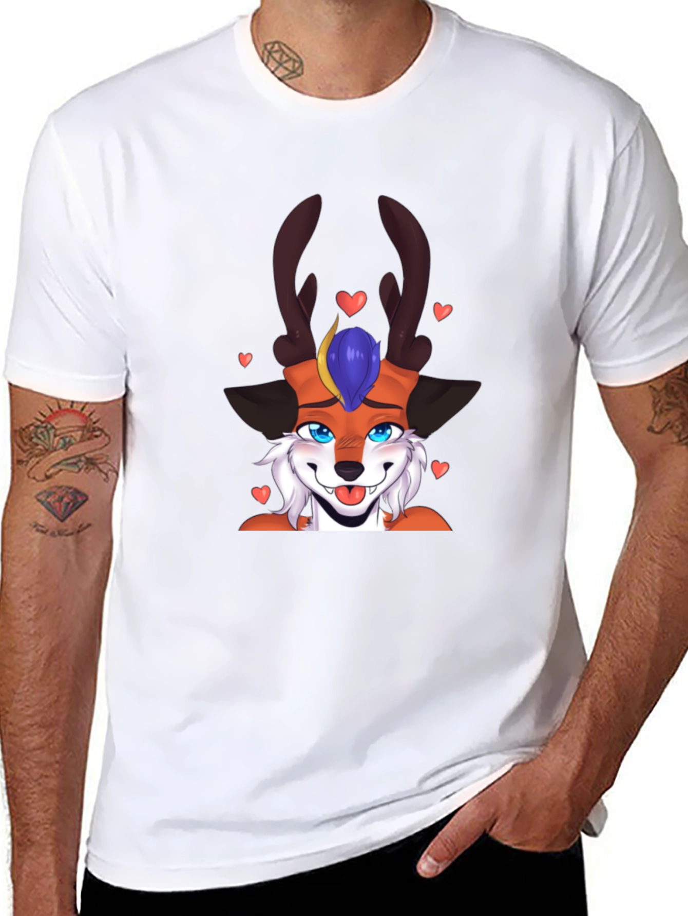 Cartoon Fox Deer T-Shirt Black Cotton Blend Fun Design