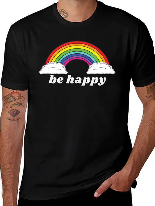 Be Happy Rainbow Graphic Tee - Casual Black T-Shirt