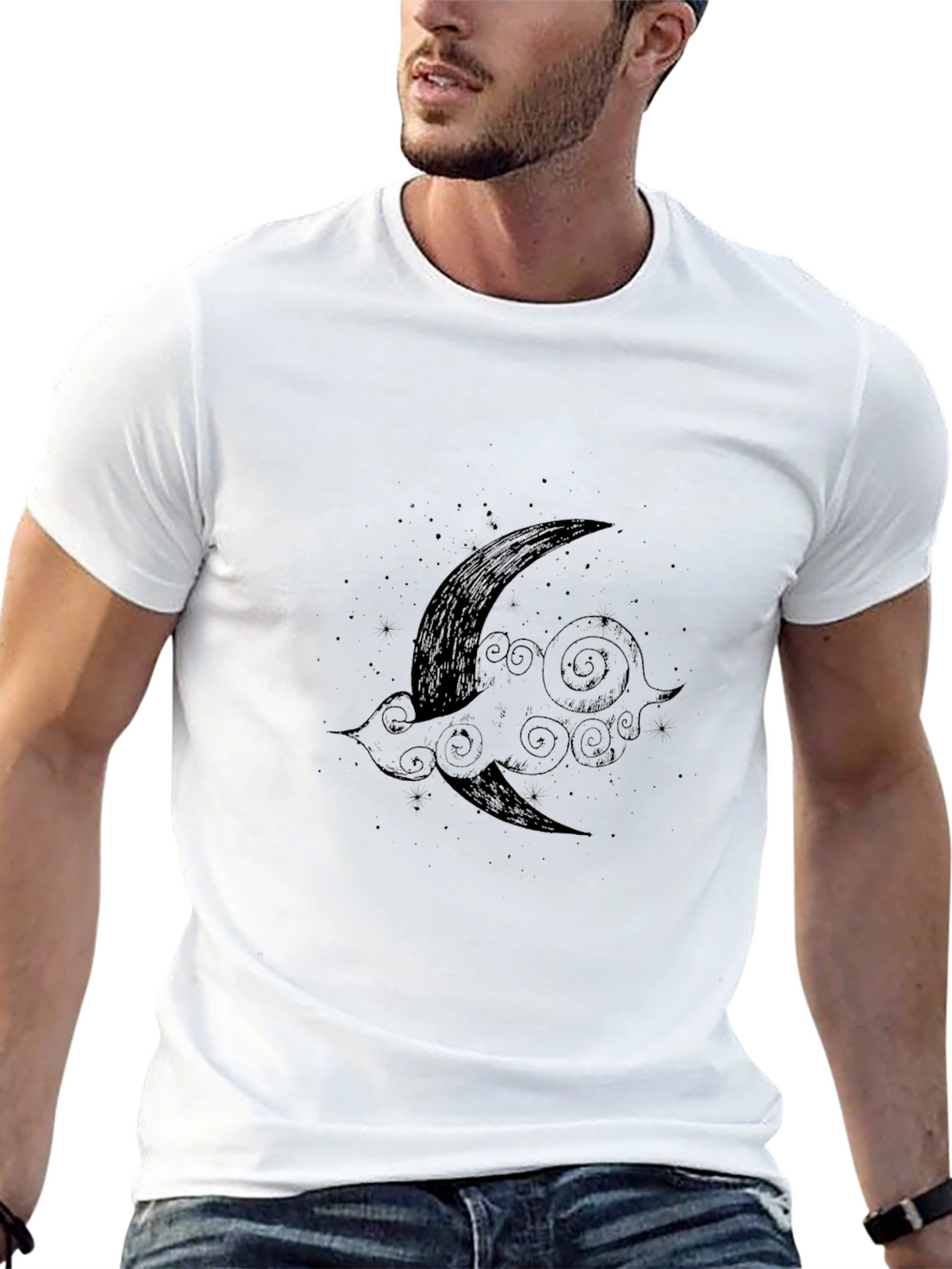 Mens Black Crescent Moon Cloud Graphic Tee