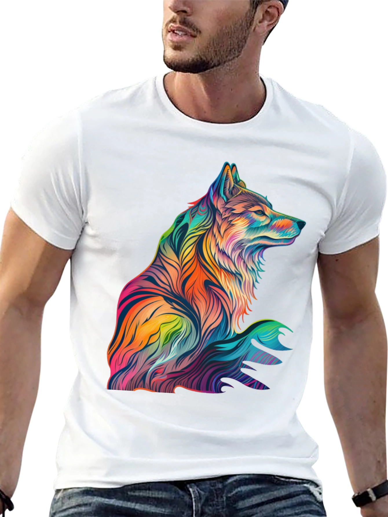 Vibrant Wolf Graphic Print Black T-Shirt