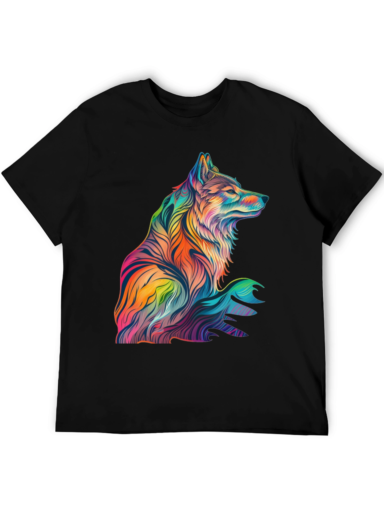 Vibrant Wolf Graphic Print Black T-Shirt