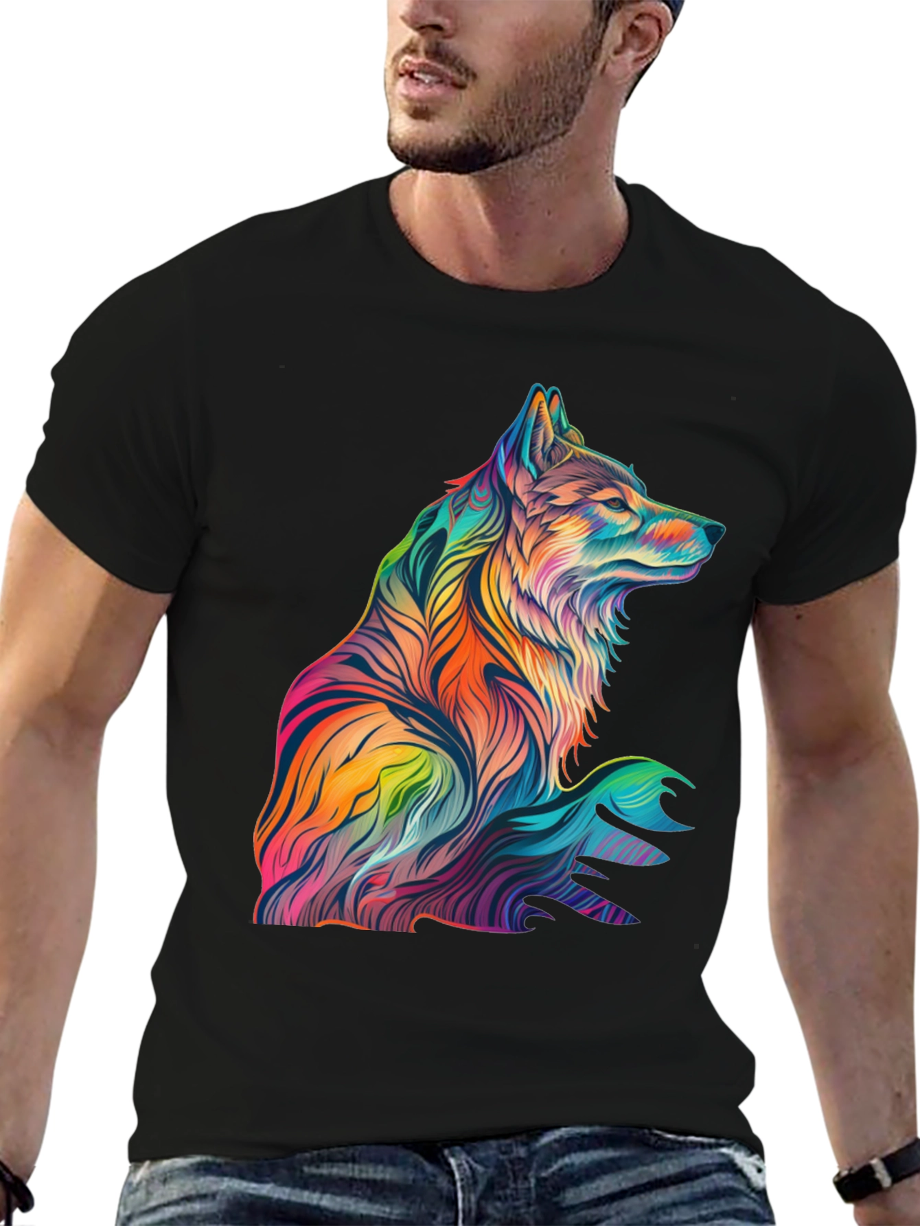 Vibrant Wolf Graphic Print Black T-Shirt