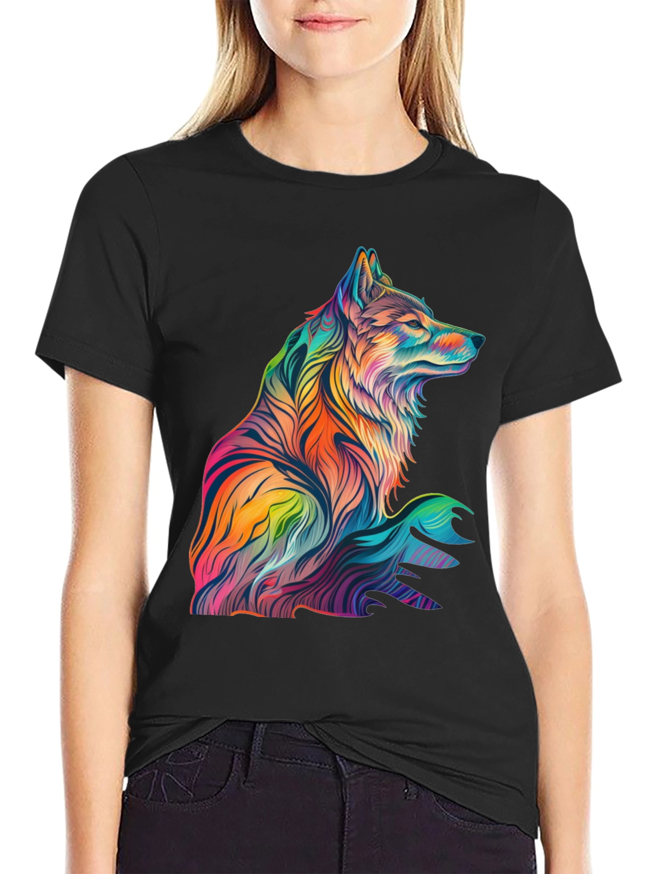 Vibrant Wolf Graphic Print Black T-Shirt