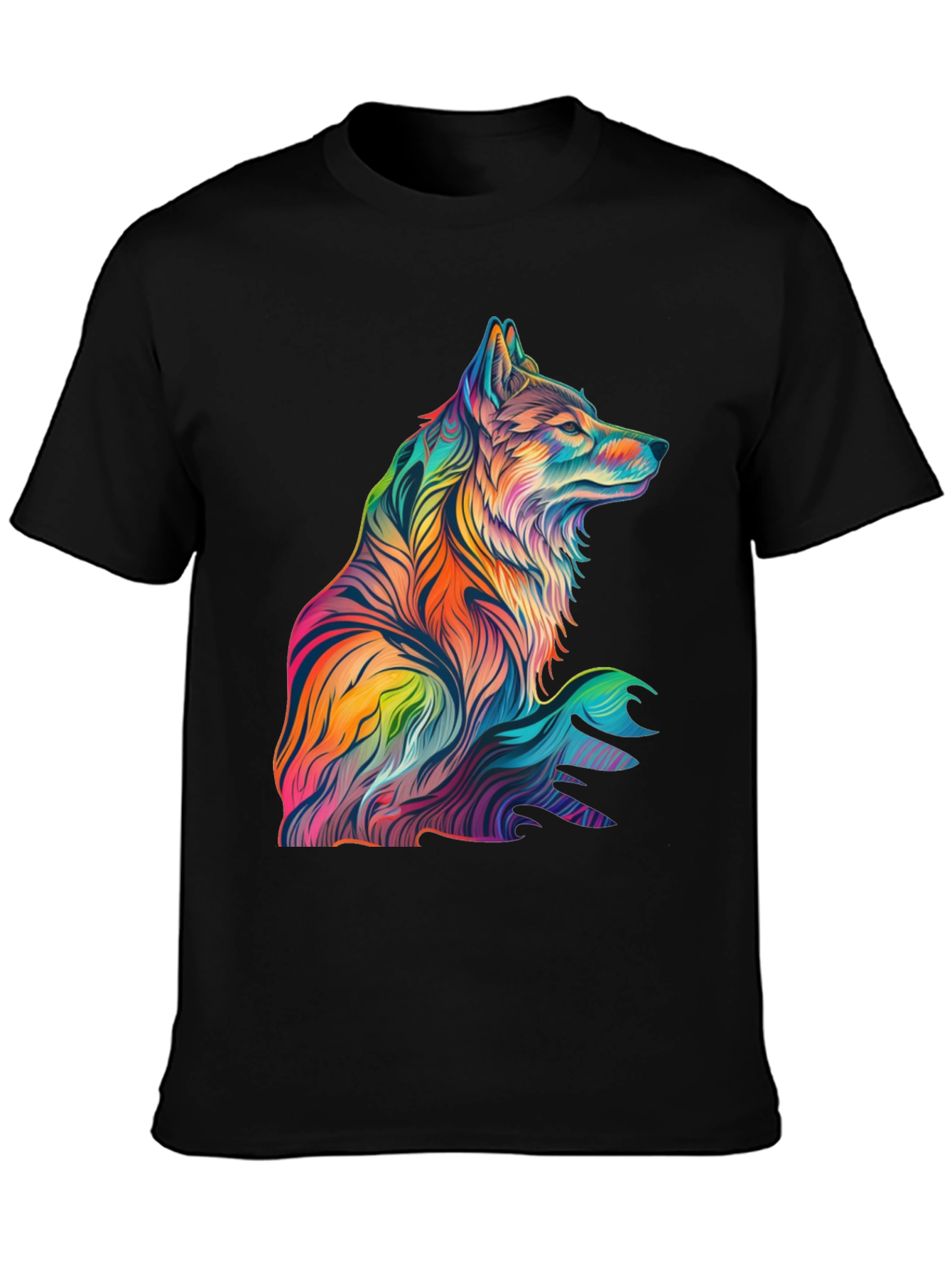 Vibrant Wolf Graphic Print Black T-Shirt