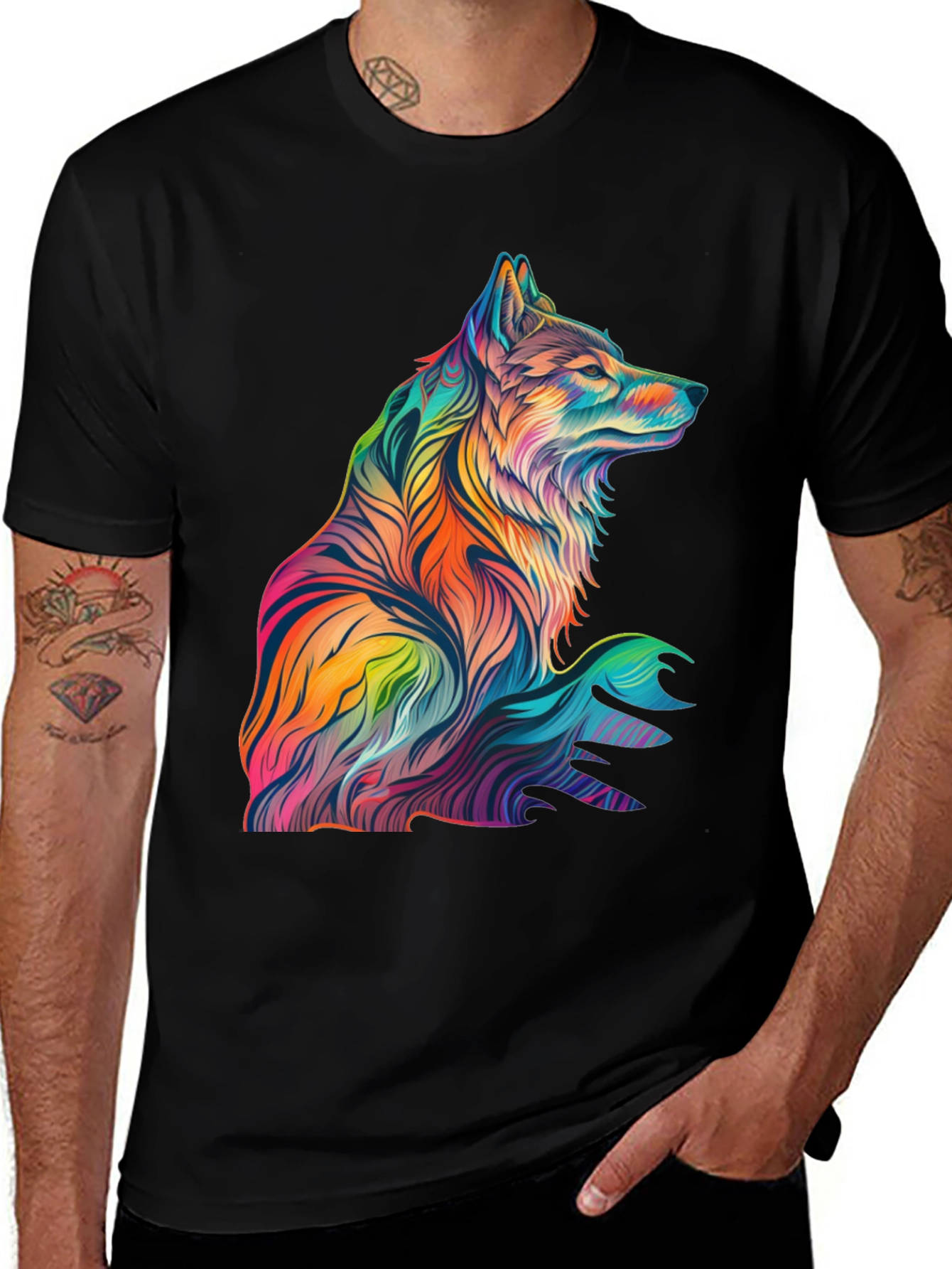 Vibrant Wolf Graphic Print Black T-Shirt