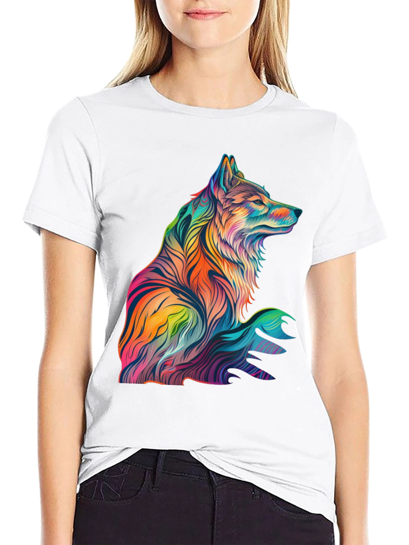 Vibrant Wolf Graphic Print Black T-Shirt