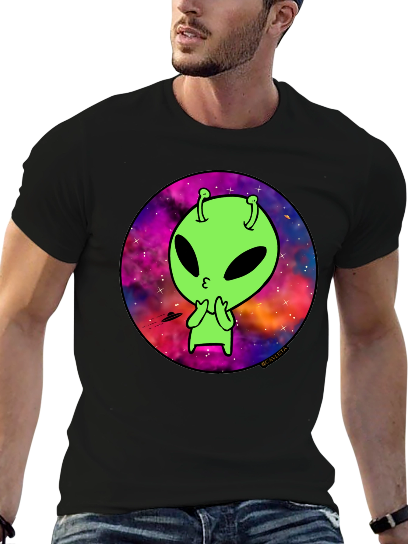 Cosmic Alien Graphic Tee - Mens Black T-Shirt