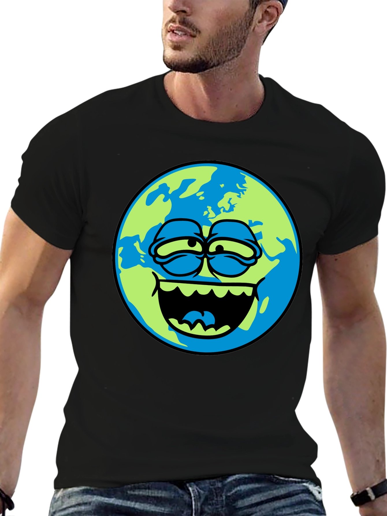 Cartoon Earth Graphic Tee - Mens Black T-Shirt