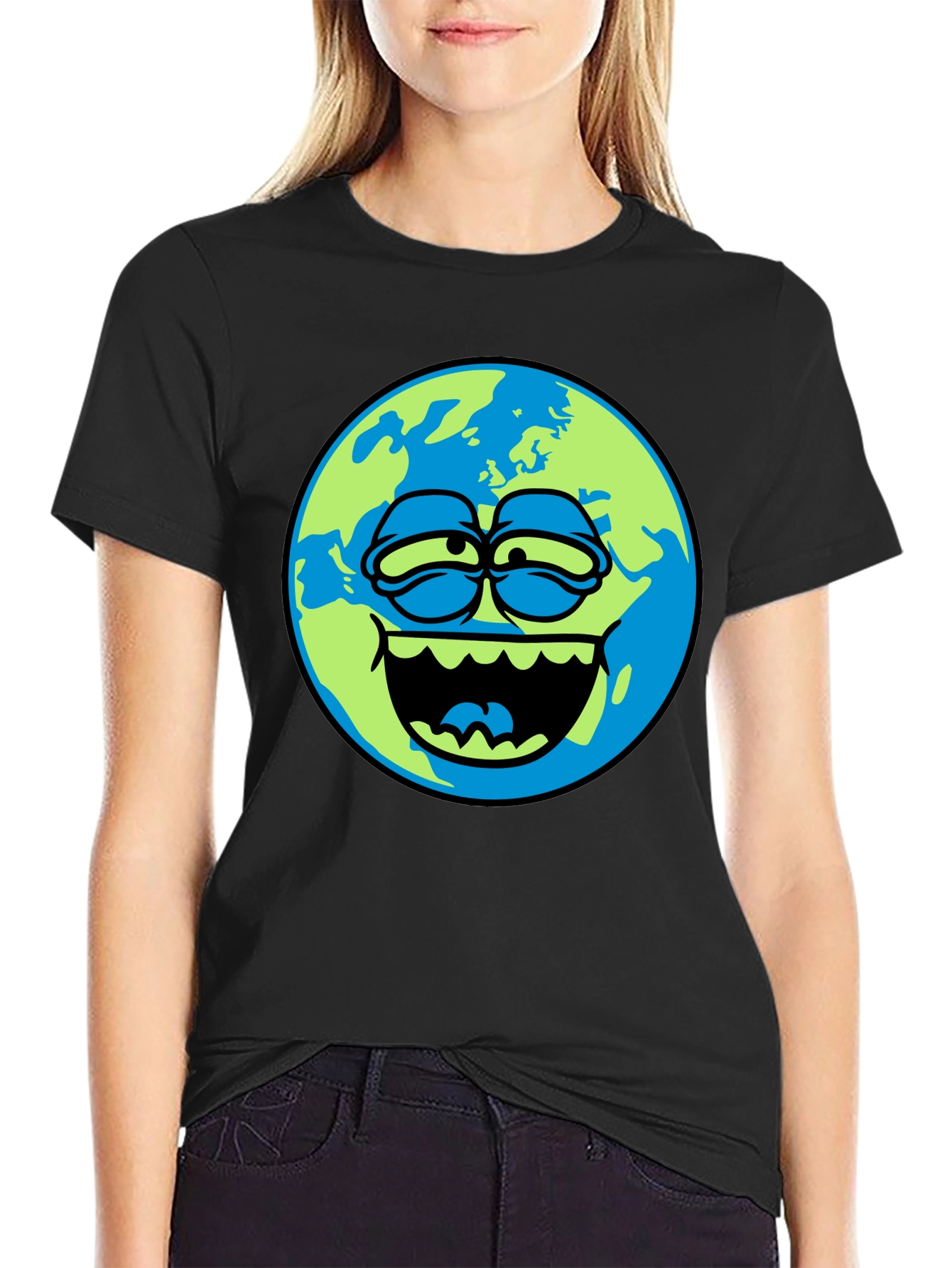 Cartoon Earth Graphic Tee - Mens Black T-Shirt