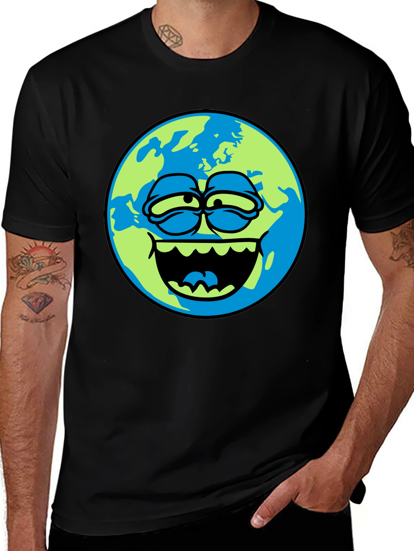 Cartoon Earth Graphic Tee - Mens Black T-Shirt