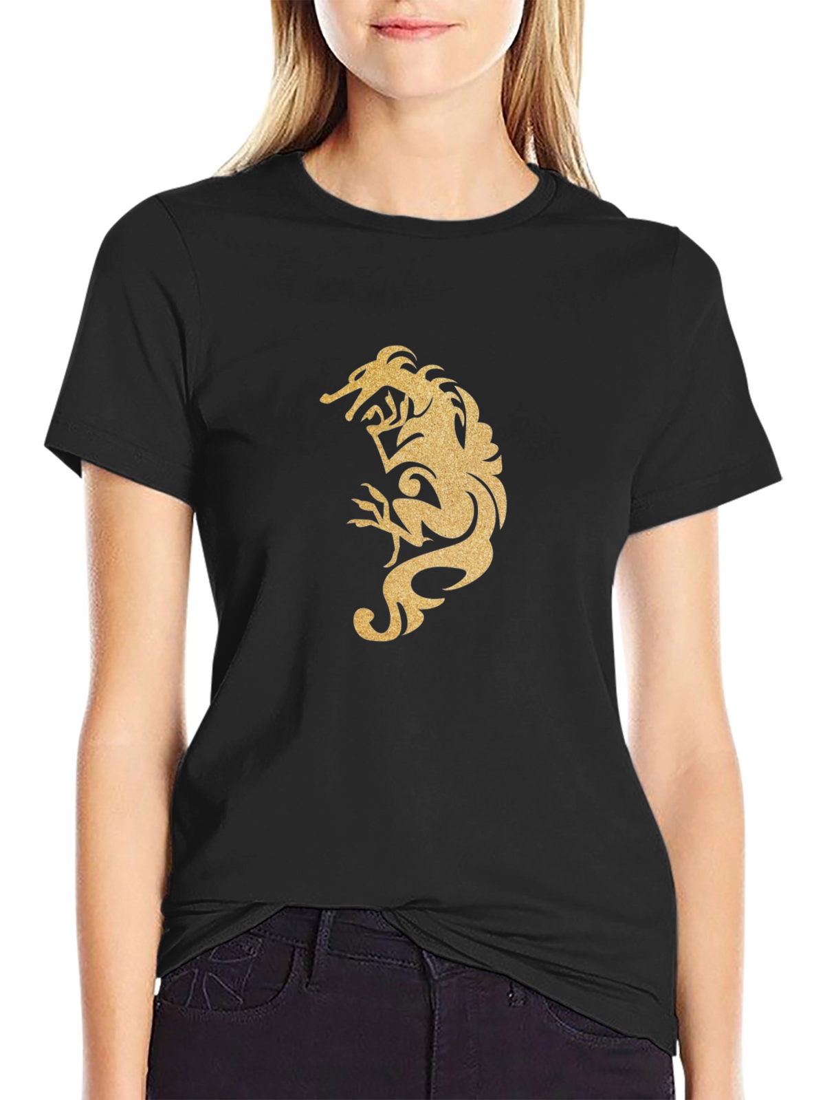 Mens Black T-Shirt with Gold Dragon Design