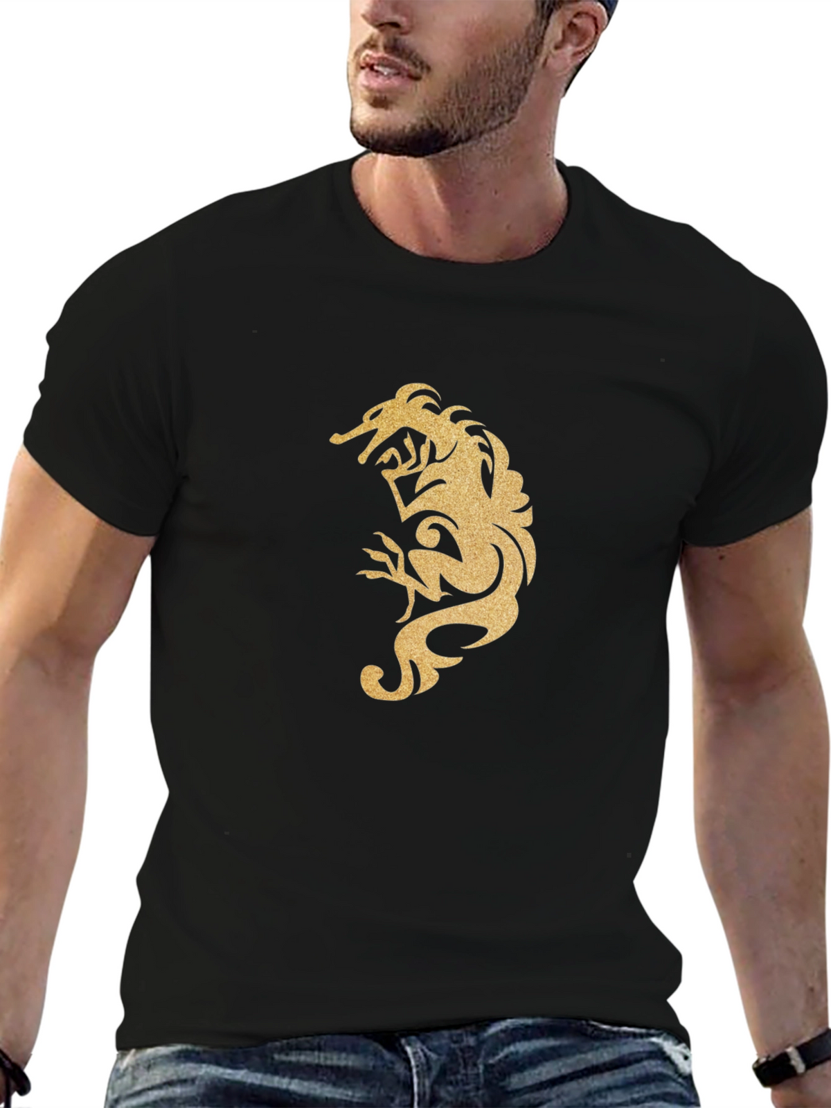 Mens Black T-Shirt with Gold Dragon Design