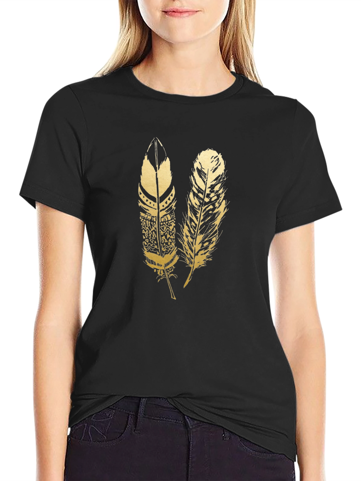 Mens Black Feather Print T-Shirt