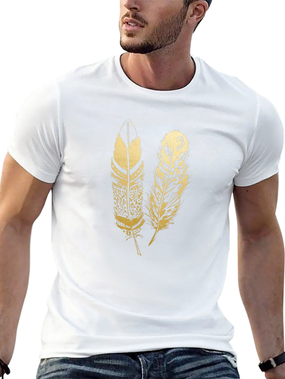 Mens Black Feather Print T-Shirt
