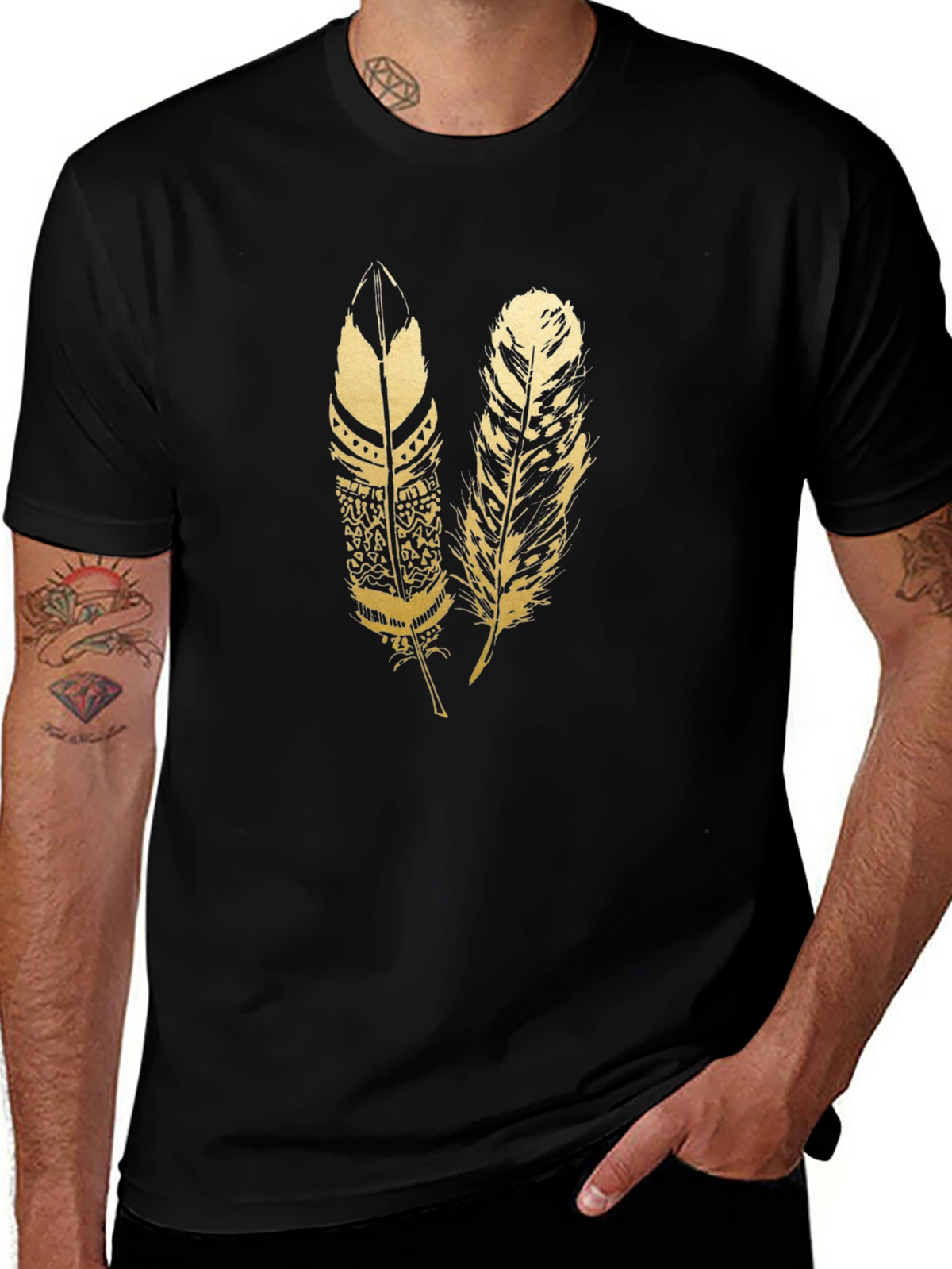 Mens Black Feather Print T-Shirt