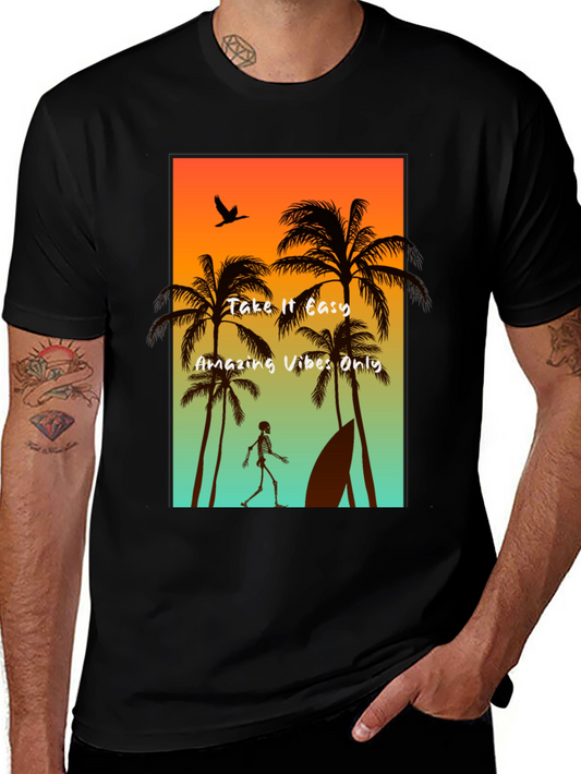 Relaxed Beach Vibes T-Shirt -  Take it Easy Skeleton Design