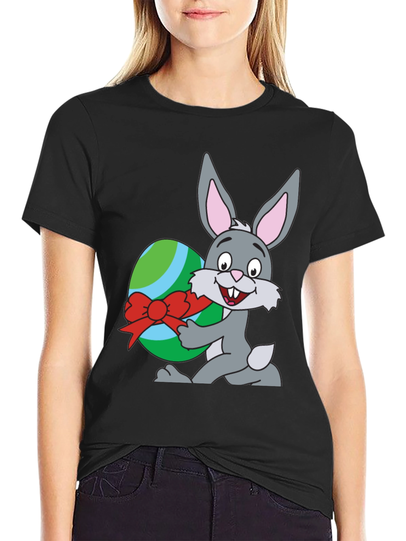 Easter Bunny & Egg Graphic T-Shirt - Black