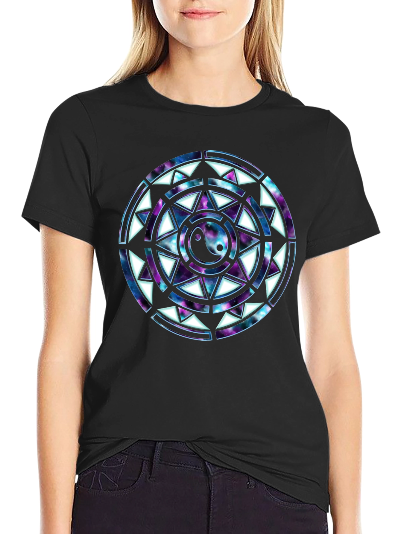Yin Yang Galaxy Mandala Mens Black T-Shirt