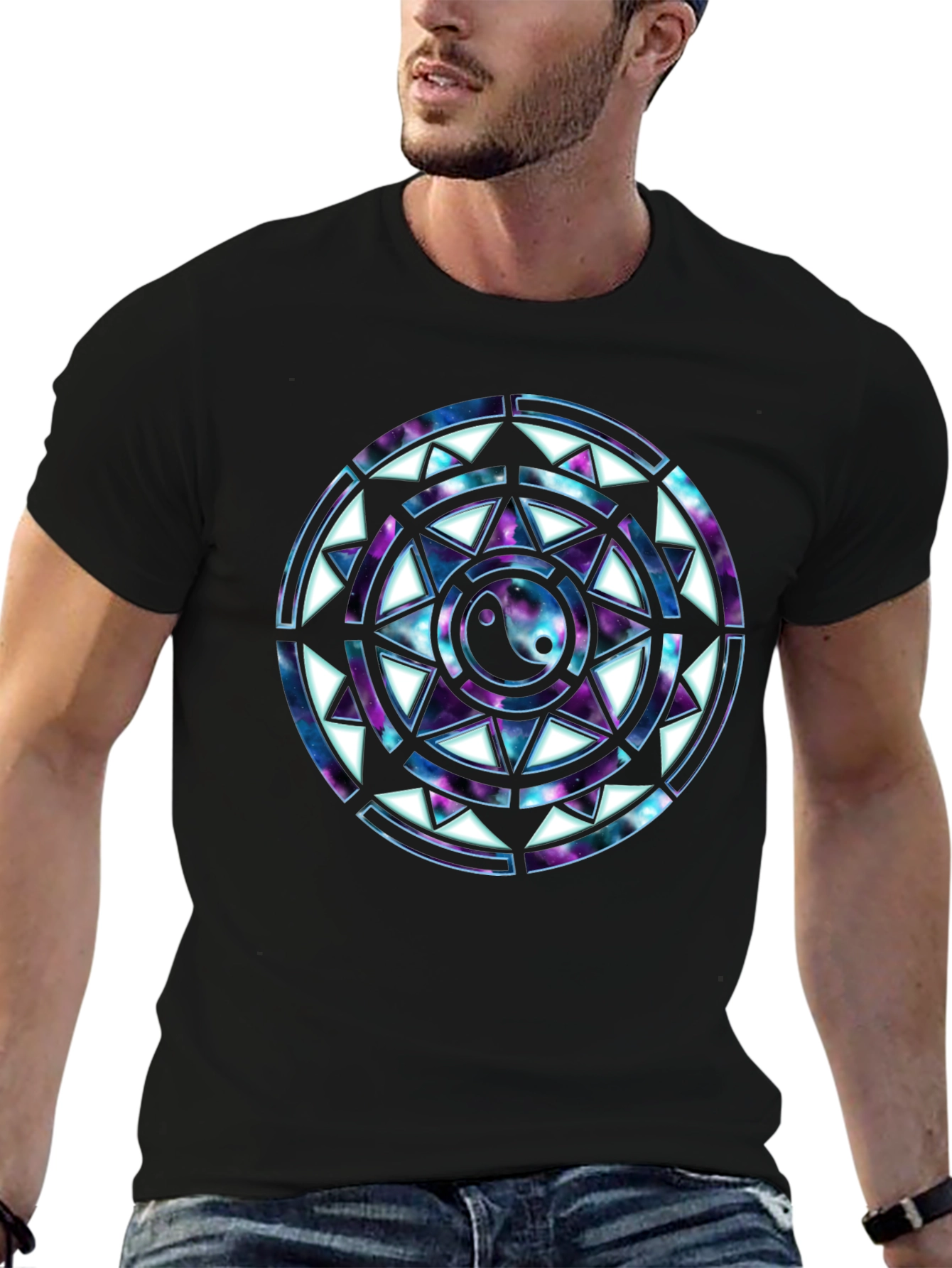 Yin Yang Galaxy Mandala Mens Black T-Shirt