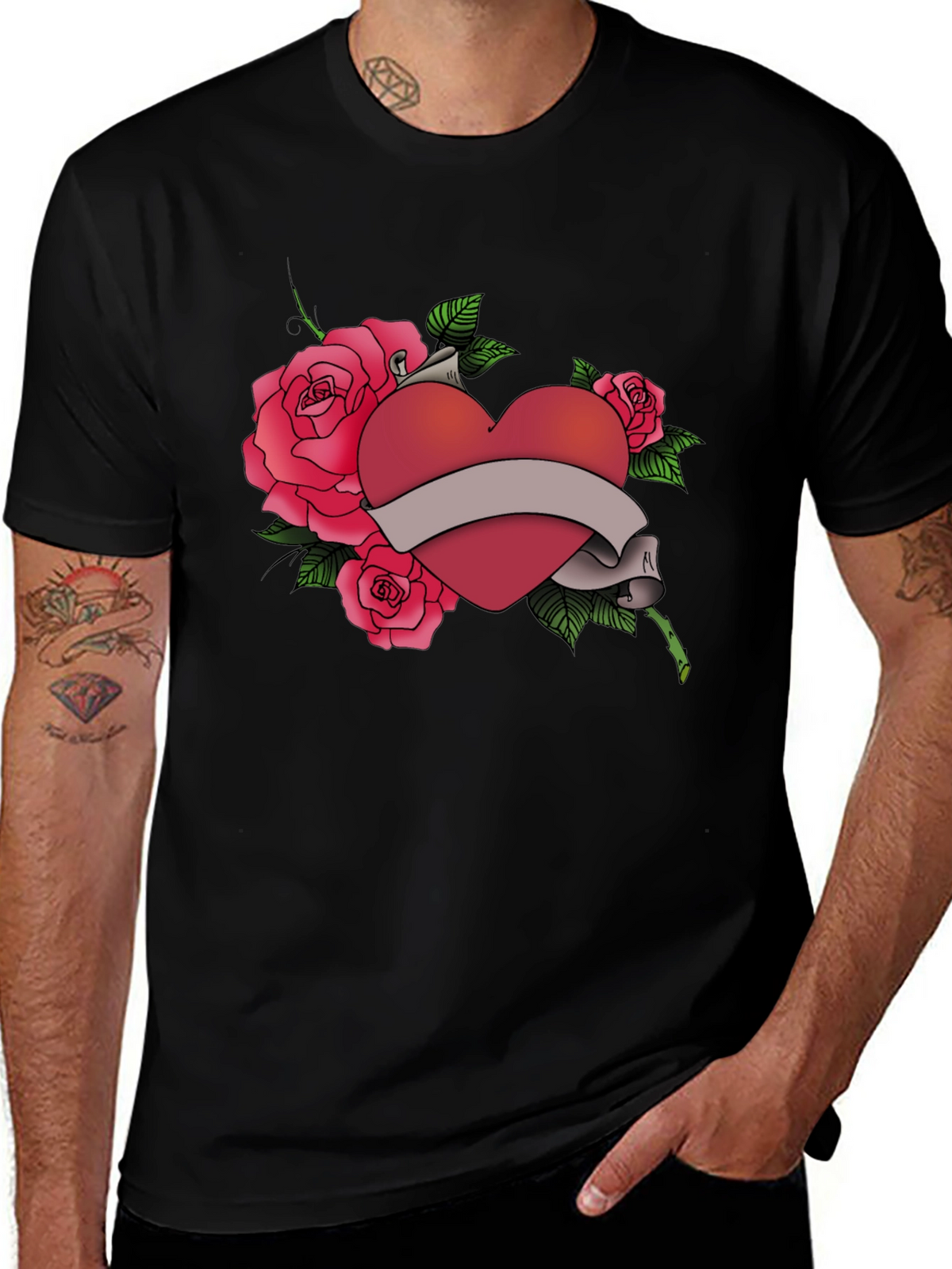 Heart & Roses Graphic Tee - Mens Black T-Shirt