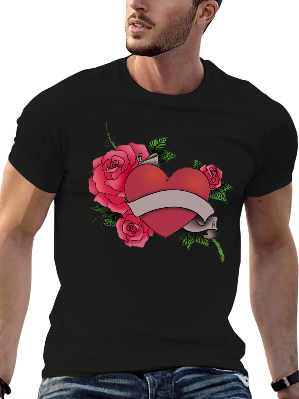 Heart & Roses Graphic Tee - Mens Black T-Shirt