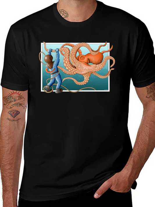 Diver vs. Octopus Graphic T-Shirt - Black