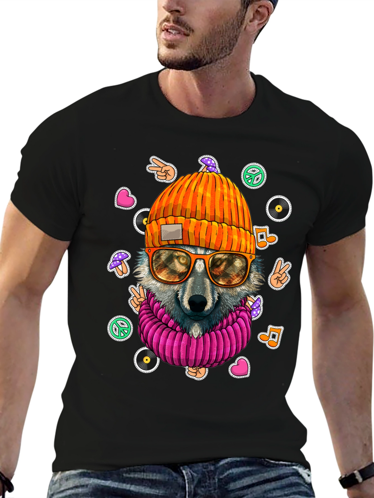 Cool Wolf Graphic Tee - Retro Hippie Style!