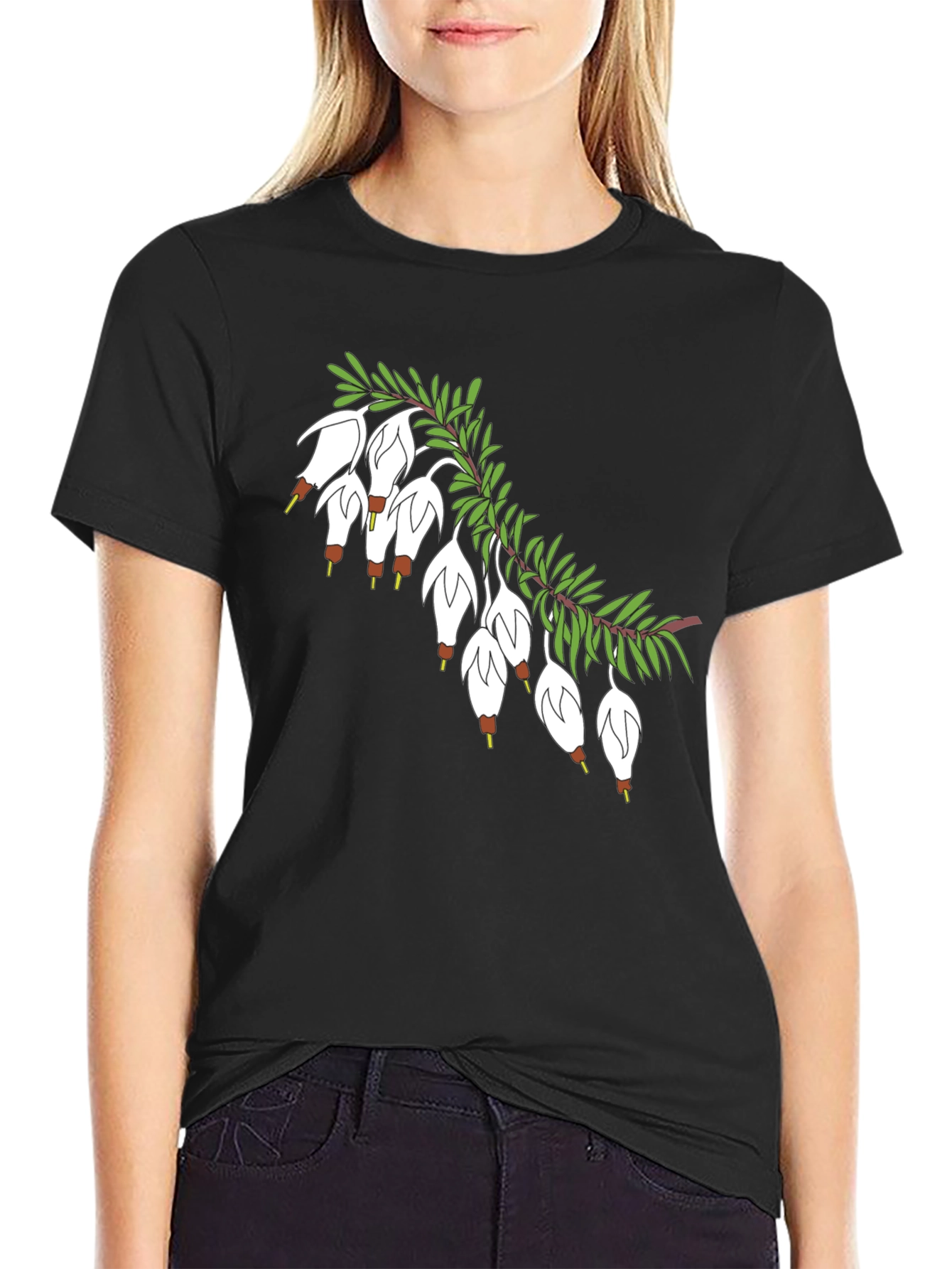 Black T-Shirt with Floral Blossom Branch