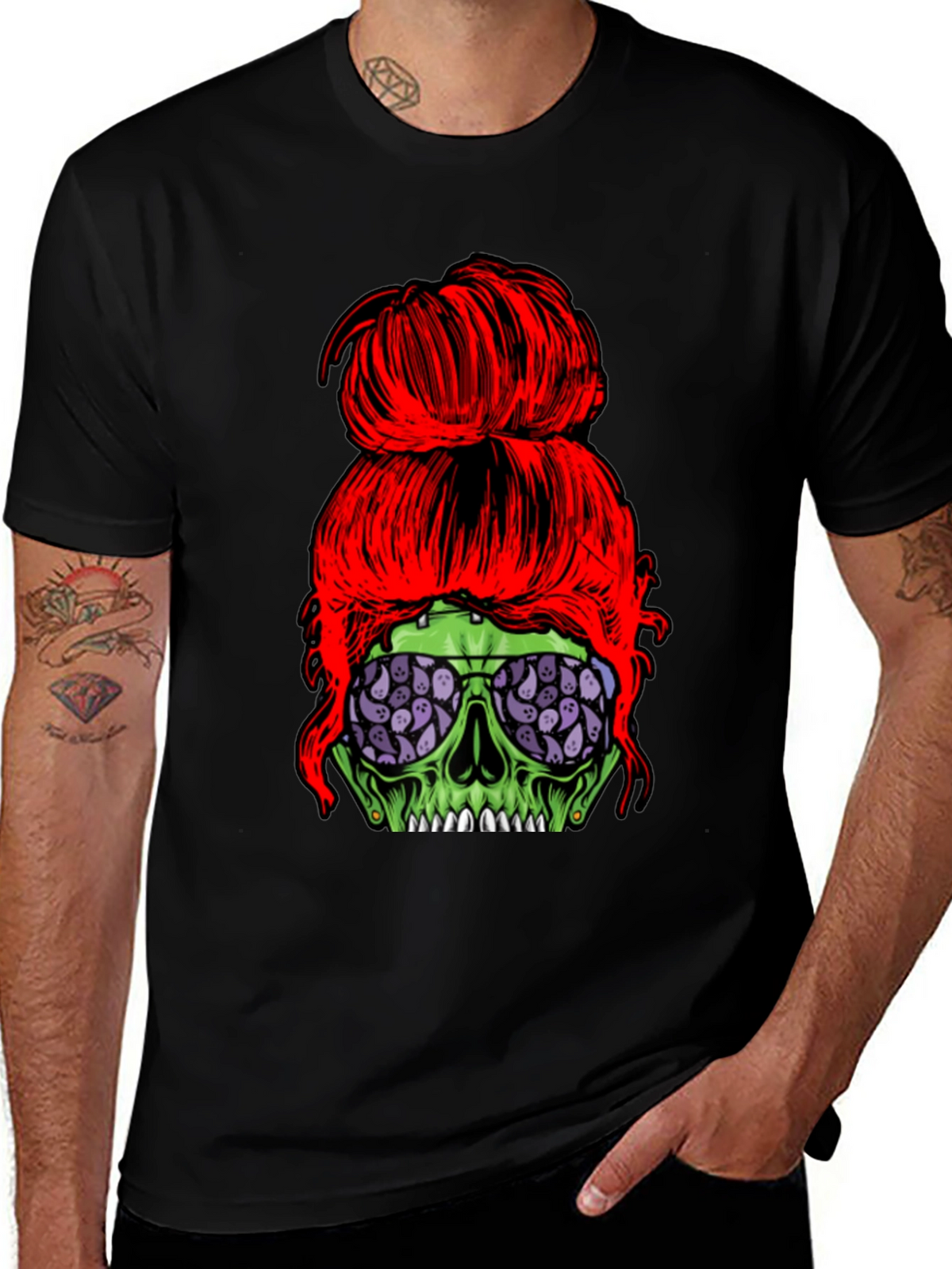 Messy Bun Zombie Skull T-Shirt - Halloween Style