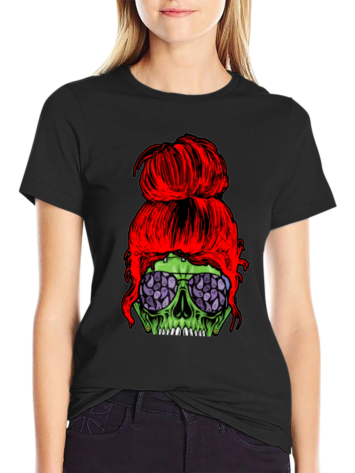 Messy Bun Zombie Skull T-Shirt - Halloween Style