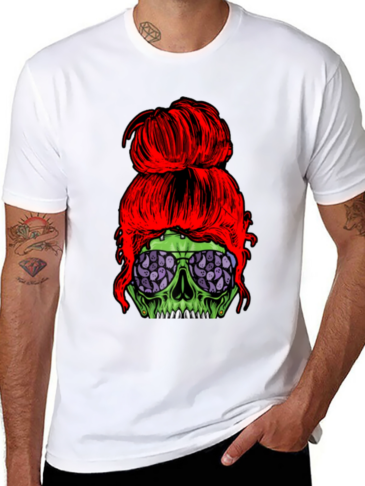 Messy Bun Zombie Skull T-Shirt - Halloween Style