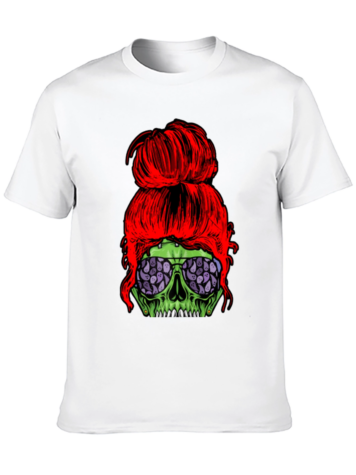 Messy Bun Zombie Skull T-Shirt - Halloween Style